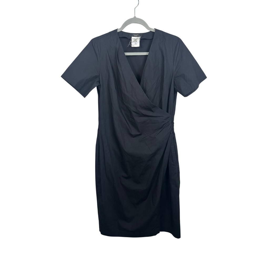 Weekend Max Mara Wrap Dress Womens 8 Black Excellent Ruched V-Neck Cotton Italy